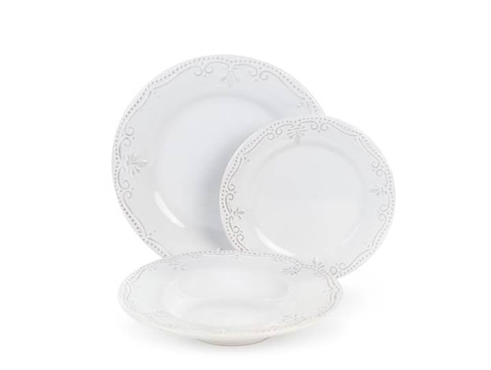 Kombiservice aus Steinzeug für 6 Personen, 18-teilig – Elegantes Geschirr-Set in Weiß mit Relief-Ornamenten, Vintage-Stil