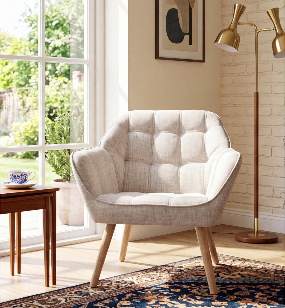 George Oliver Chittum Modern Upholstered Armchair Accent Chair Solid Wood Frame for Living Room Beige 79cm H X 80cm W X 73cm D