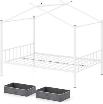 Costway Full Size Metal House Bed with 2 Fabric Drawers for Kids-White