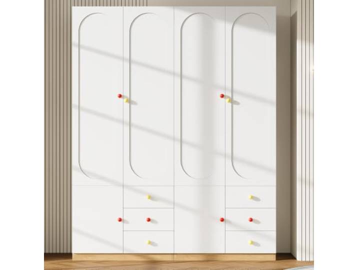 2-Türiger Kinderkleiderschrank, 2er-Set, Weiß Lack, 80x50x200cm Kleiderschrank Kinderzimmer mit Schubladen, Kleiderstange, Bunte Keramikgriffe, Schlafzimmer Aufbewahrung