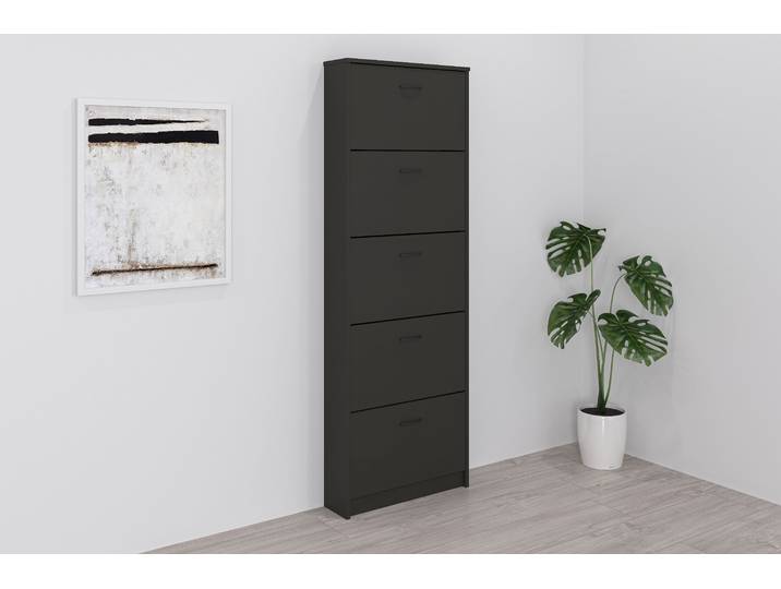 Schuhschrank FMD Step 5 , grau (anthrazit), B:58,5cm H:168,5cm T:17cm, Holzwerkstoff, Schränke, Schuhschrank, Schuhkipper, 5 Schuhklappen, für schmale Flure, Tiefe: 17 cm