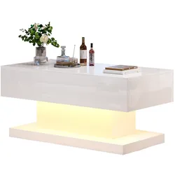 Moderner Teetisch mit LED-Beleuchtung, hydraulischem Lift, Stauraum & Gleitfunktion, 100x45x50 cm, Hochglanz, Weiß