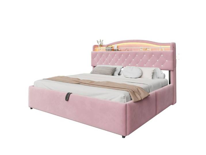 Lit Coffre - WESTYLE - 180x200 - Velours rose - LED & boutons cristal - Coffre hydraulique