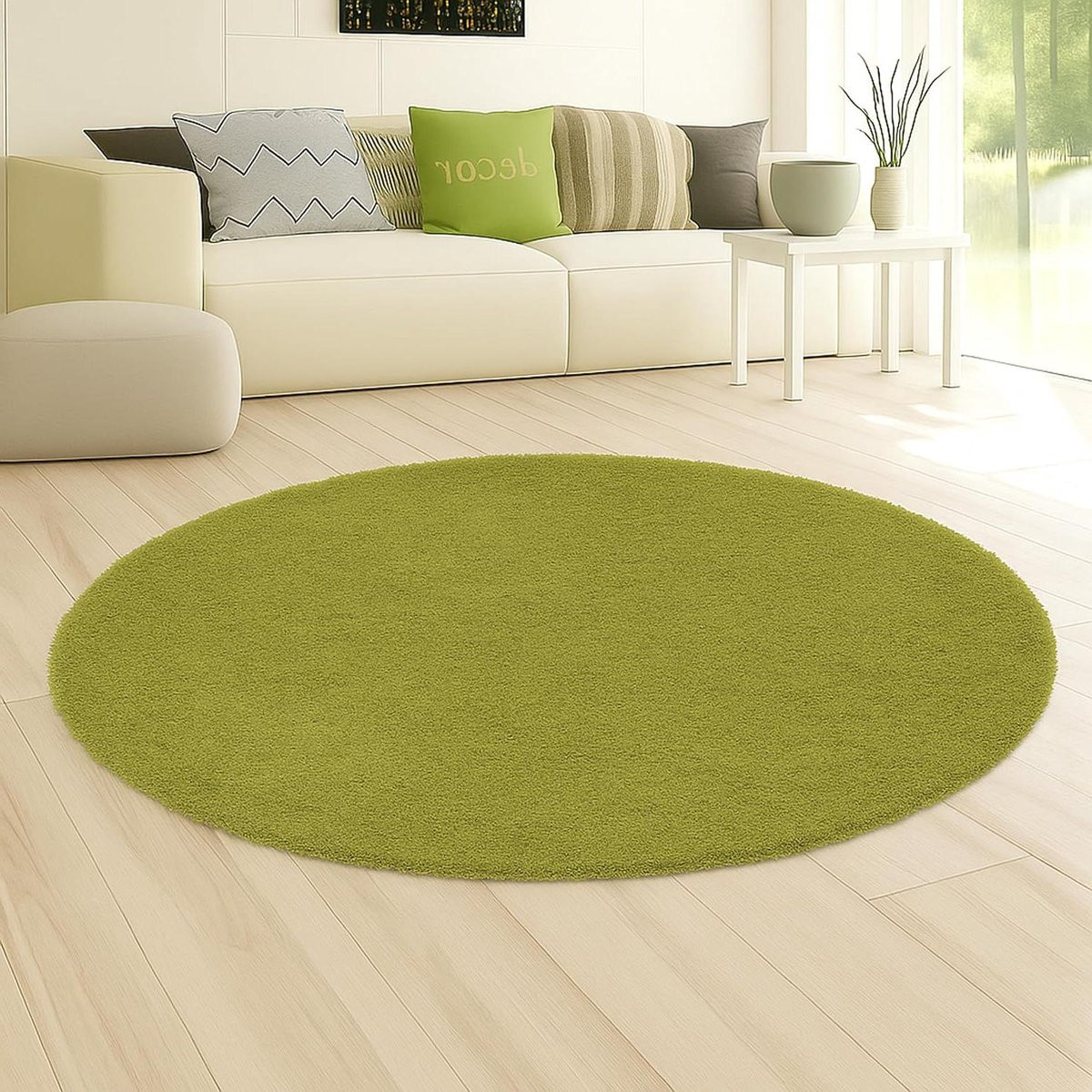 Rond Hoogpolig Shaggy Vloerkleed Natuurgroen - Polypropyleen