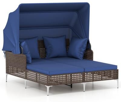 Costway Outdoor Daybed with Retractable Canopy PE Wicker Rattan Patio Lounger-Navy