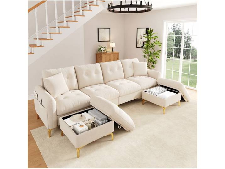 HOMVRA Canapé-lit modulable 4 places en U chenille beige 2 poufs de rangement