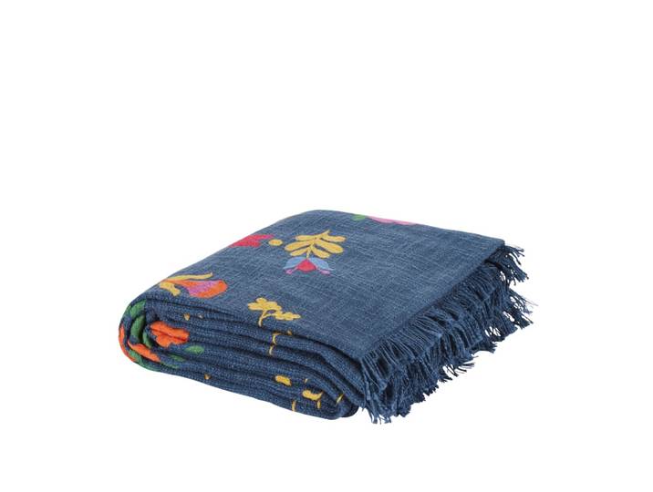 Plaid en coton bleu brodé motif floral multicolore 170x130
