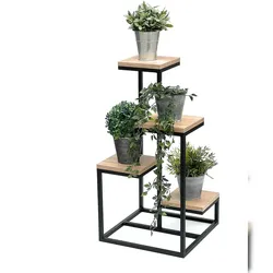 DanDiBo Blumentreppe Metall Schwarz Holz 75 cm Pflanzentreppe Blumenständer 96355 Blumensäule Modern Pflanzenständer Blumenhocker