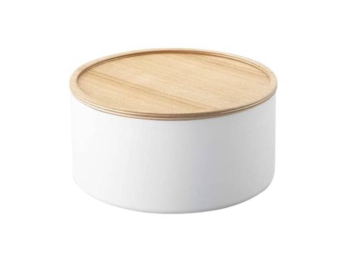 YAMAZAKI 5803 RIN Storage Case with Lid Round Deep, white, Steel/Wood, 22 x 22 x 11 cm