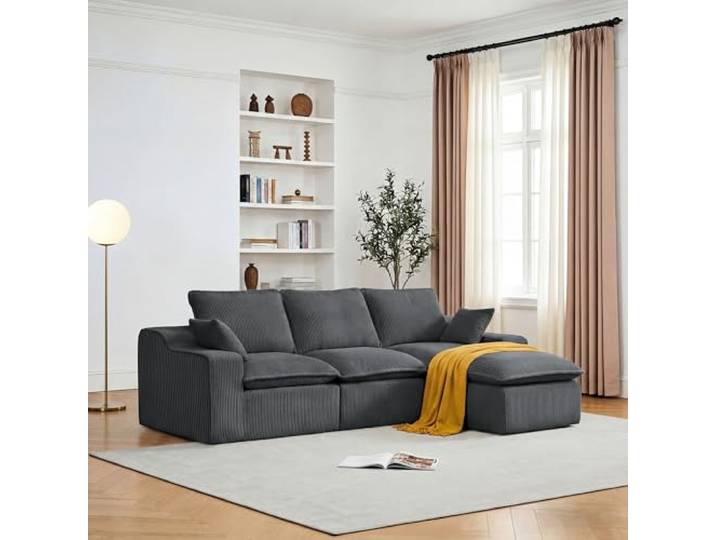 Vipbear Ecksofa, Modulares Sofa 273 cm breit, L-Form Sektionssofa 4-Sitzer mit Abnehmbarer Ottomane, Cloud-Sofa aus Cord mit Chaiselongue Links, L Sofa Couch für Wohnzimmer, Dunkelgrau