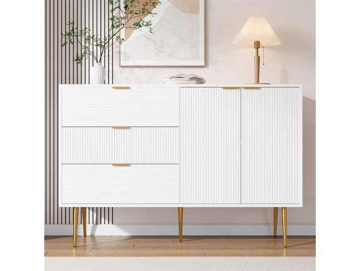 Buffet - DREAMMESPACE - 120x38x80.5cm - 2 portes - 3 tiroirs - Blanc et Or