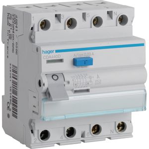Hager FI-Schutzschalter CDA440D, 30mA, Typ A, 40A, 230V/400V AC, 6kA Abschaltvermögen, 4-polig