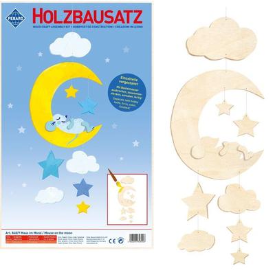 PEBARO 848/9 - Holzbausatz Mobile Maus im Mond, 15 Teile, Holzkonstruktion zum Zusammenstecken