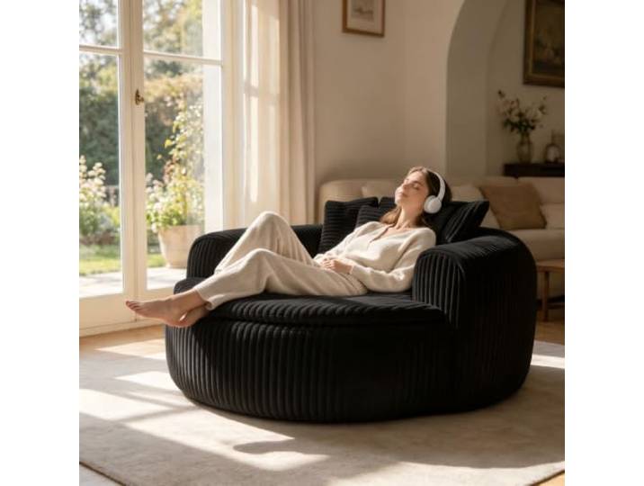 Cord-Sitzer mit 5 Kissen Schwarz Sitz Lounge Sessel Erwachsene Bodenstuh Corduroy mit fünf Rückenkissen und tiefer Polsterung