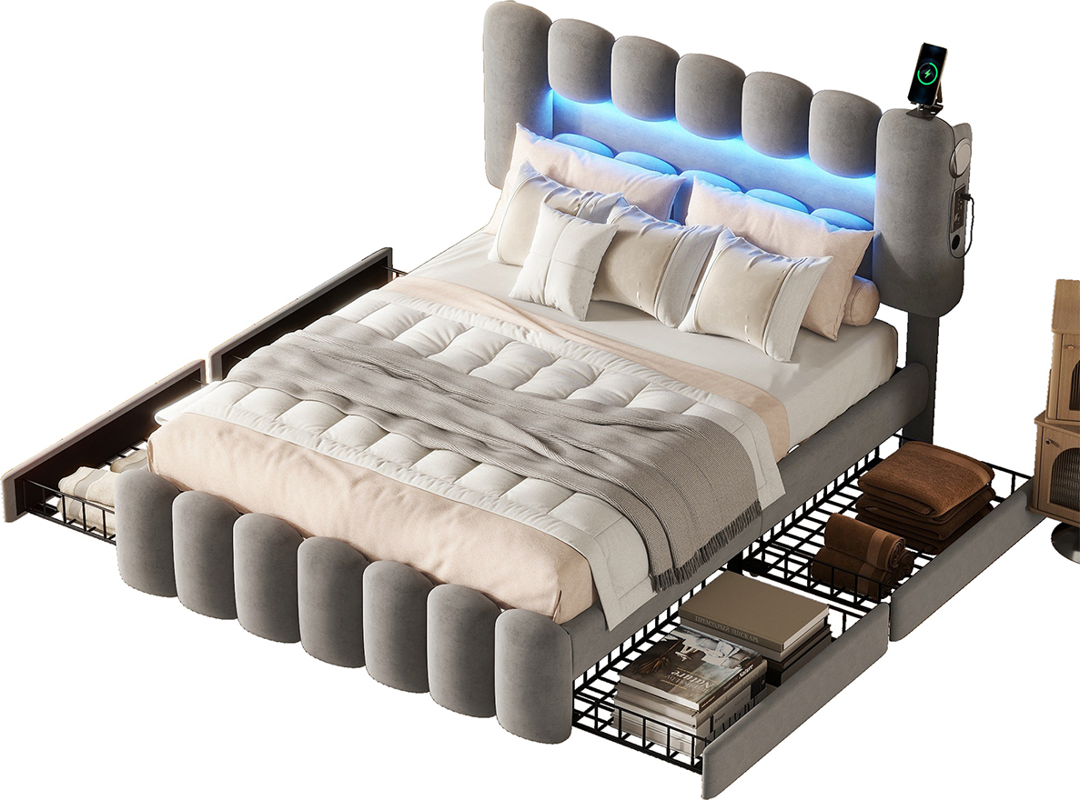 Polsterbett mit LED-Lichtleiste USB und Stereoanlage 4 Schubladen Kinderbett Einzelbett Samt (Ohne Matratze) 160 x 200cm Grau