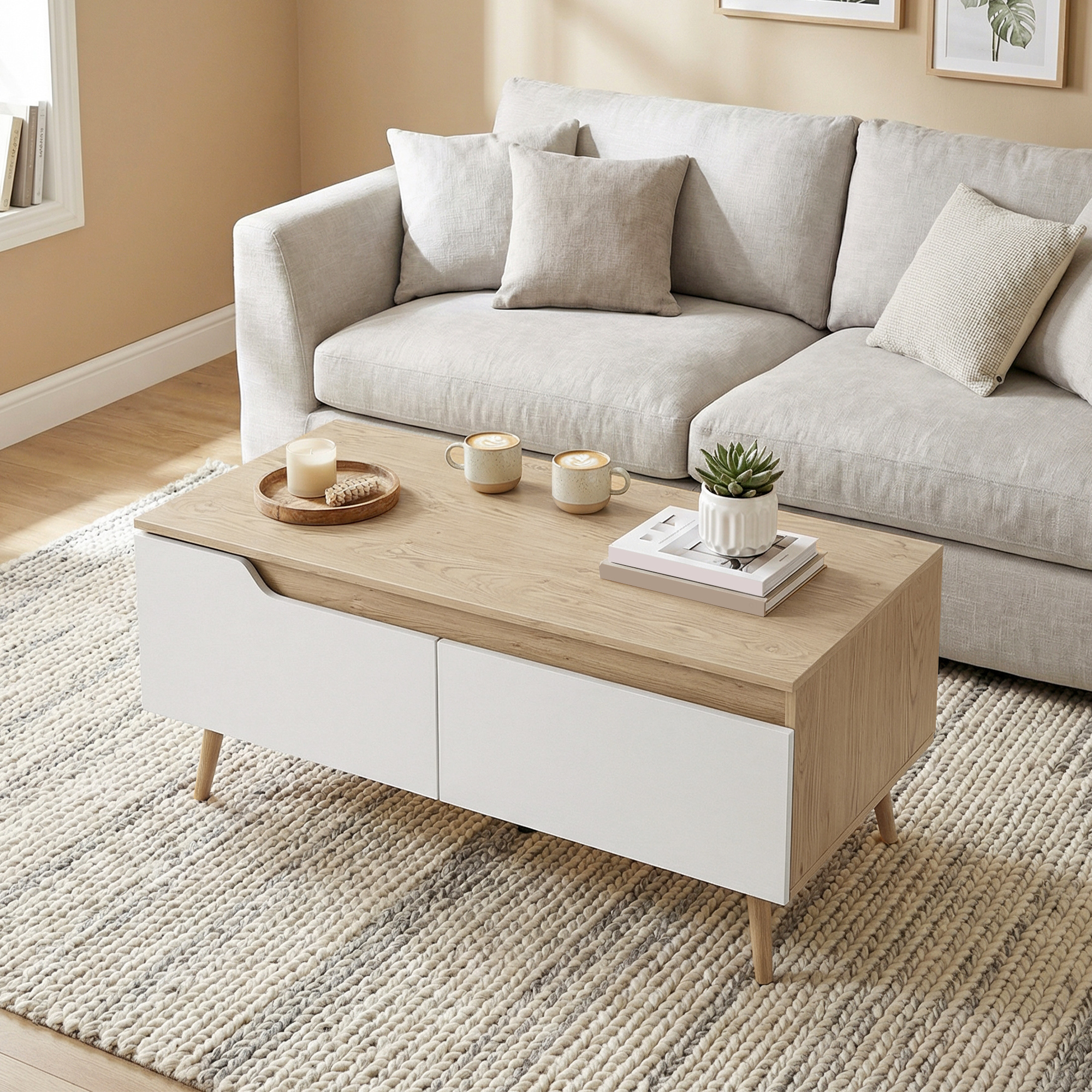Homcom Tavolino da Salotto con 2 Cassetti Tavolino Basso per Soggiorno con Gambe in Legno di Pino 100x50x46cm Rovere   Aosom Italy