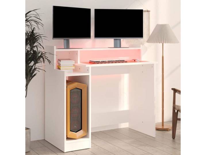 Bureau avec lumières LED Blanc 97x90x45 cm Bois d'ingénierie_2 ans garantie_92253
