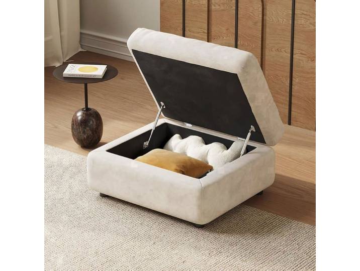 Beige Pouf coffre de rangement en tissu tabouret repose-pieds rembourré