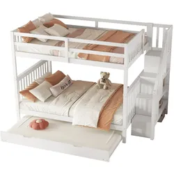 MODFU Etagenbett 140x200 mit ausziehbarem Rollbett, Treppenregal, Stauraum, robustes Kiefernholz, MDF, platzsparend, modernes Schlafzimmerbett, weiß