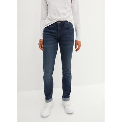 Straight-Jeans BONPRIX "Straight Jeans Mid Waist, Stretch", Damen, Gr. 38, K-Gr, blau (dunkelblau used), Denim/Jeans, Obermaterial: 82% Baumwolle, 17% Polyester, 1% Elasthan, regular fit knöchelfrei, Jeans Straight-Jeans, Regular Fit, mit Aufschlag,...