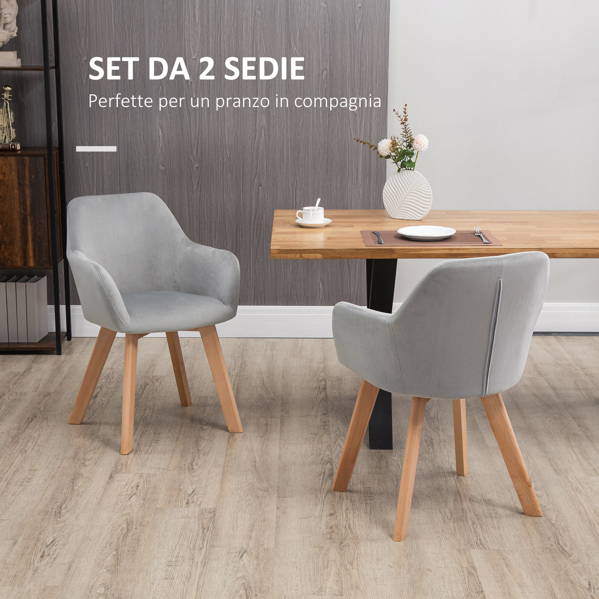 Altro Set 2 Sedie Per Sala Da Pranzo Imbottite In Velluto Con Braccioli E Gambe In Legno, Grigio