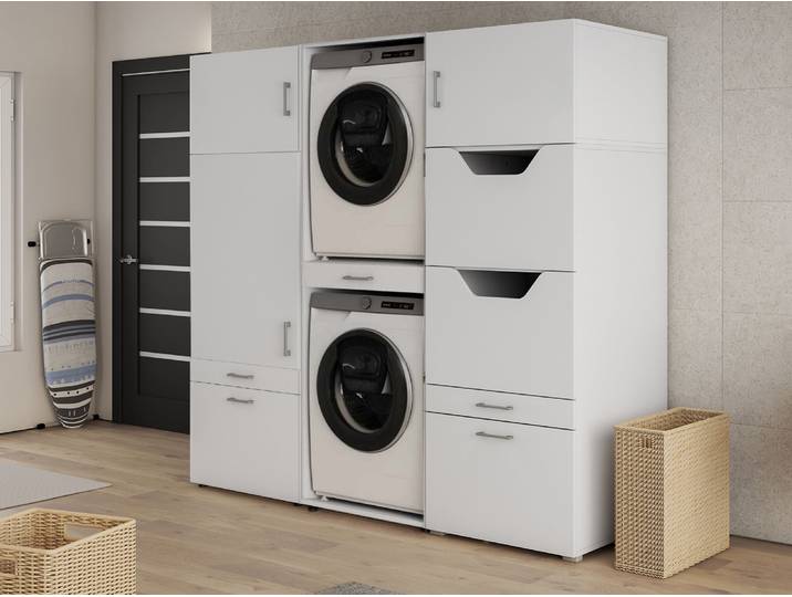 Meuble WASHING 2 machines superposés blanc avec 2 surmeubles