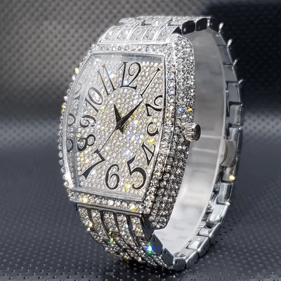 Inspire Picks Luxury Iced Out Tonneau Stainless Steel Quartz Watch For Men df01 Silver