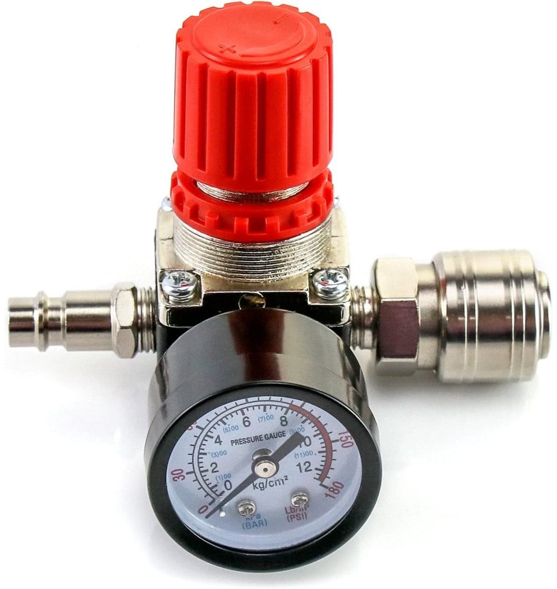 1/4 inch luchtcompressor drukregelaar met vierwegklep en aansluiting, 140 PSI 12 bar, messing, rood