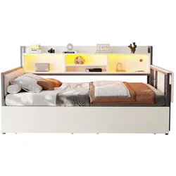 Schlafsofa 90x200 cm mit LED-Beleuchtung, Stauraum und ausziehbarem Schreibtisch – vielseitig und modern in Weiß