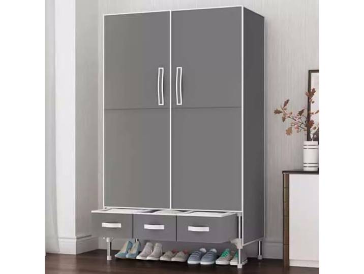 Stahlrohr-Kleiderschrank Mit Hängebereich, Klappbereich Und Drei Schubladen Zur Aufbewahrung Von Kleidung Im Schlafzimmer(Light Gray,A)