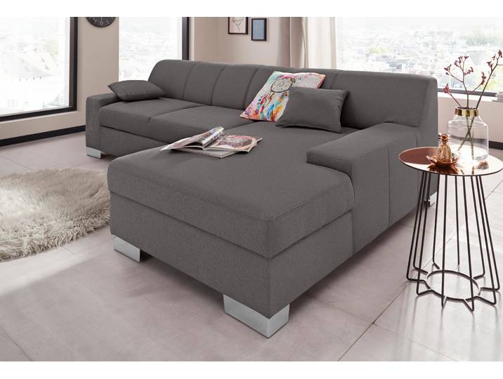 Ecksofa DOMO COLLECTION Bero, elegant und zeitlos, flache Armlehnen, Breite 268cm L-Form , schwarz (pepper), B:268cm H:74cm T:153cm, Feinstruktur (100% Polyester);Luxus-Microfaser (100% Polyester);Zierkissen: Im jeweiligen Bezugsstoff;Struktur fein (100% Polyester), Sofas, Ecksofa, fester Sitzkomfort, wahlweise mit Bettfunktion