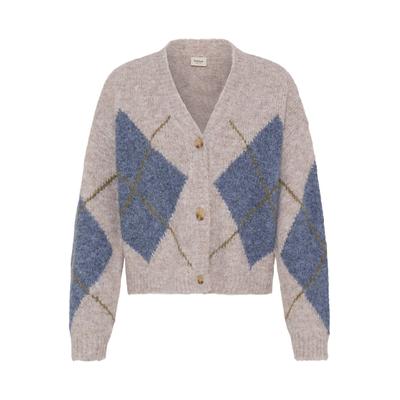 Strickjacke FRANSA "Damen Strick-Cardigan langarm FRCHARLEEN", Damen, Gr. L, beige (driftwood check), Strickjacken Strickjacke