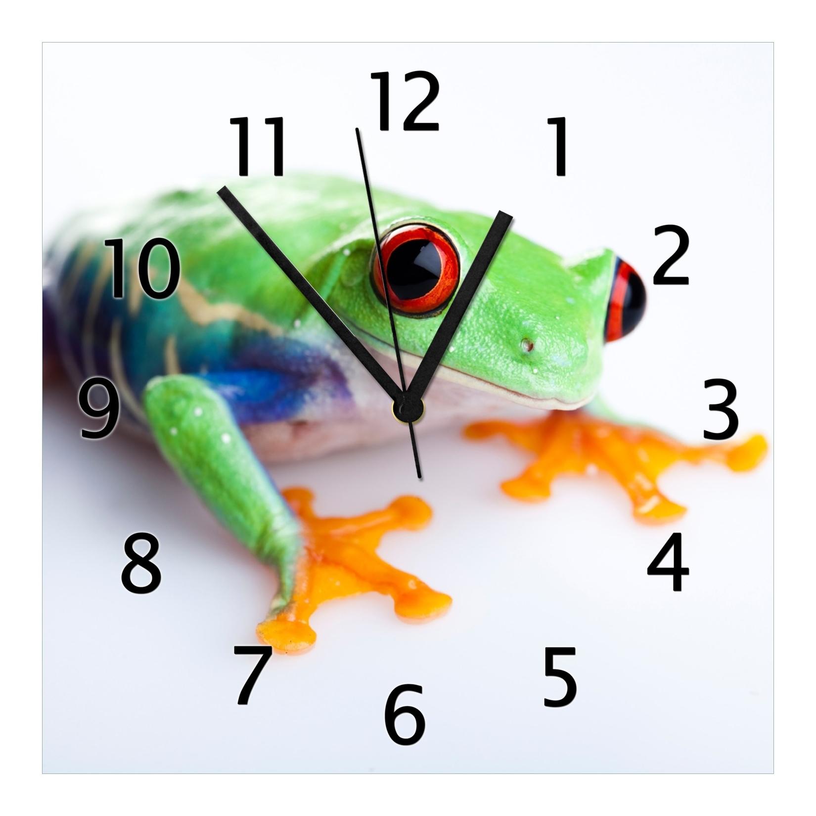 Wallario Uhr 30 x 30 cm, schwarze Zeiger Lustiger Frosch in grün und orange