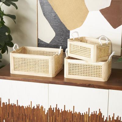ARCILLA ELEMENTAL Brown Rattan Woven Decorative and Functional Storage Basket with Rope Handles (Set of 3)