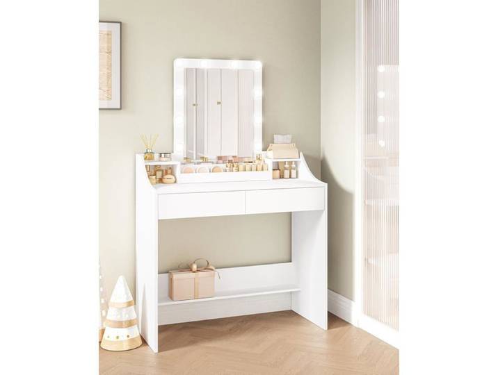 Coiffeuse avec Eclairage LED 90cm Luminosité Réglable Coiffeuse avec Miroir 2 Tiroirs et 2 Compartiments Ouverts Moderne Blanc