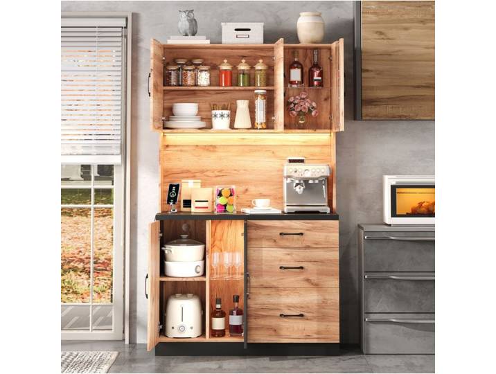 SENVIRO Buffet haut de cuisine 105 x 40 x 180 cm noir et aspect bois LED prises EU tiroirs