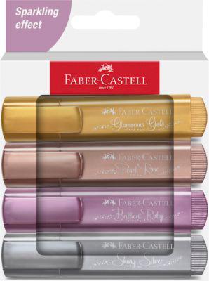 Textmarker Faber-Castell TL 46 Metallic, 3 Strichstärken: 1/2/5 mm, Tinte auf Wasserbasis, im 4er EtuiKarton, farbsortiert Gold, Silber, Rubin und Rose