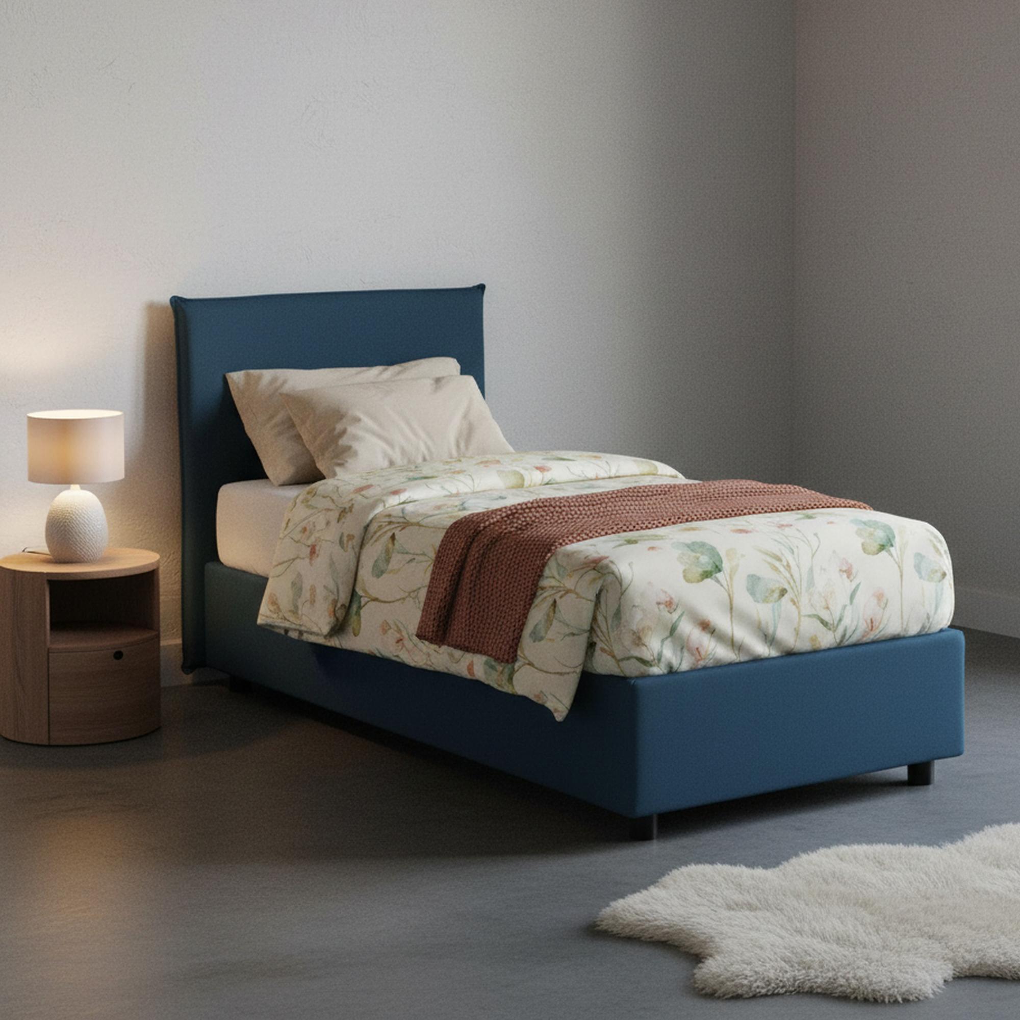 Einzelbett Catia, Containerbett mit Stoffbespannung, 100% Italy, Frontöffnung, inklusive Matratze Cm 80x200, Blau