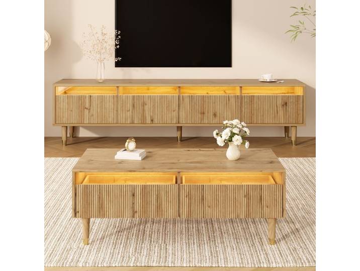 Meuble TV - KOMHTOM - Grand ensemble TV - 4 portes - LED 7 couleurs - Table basse 2 tiroirs