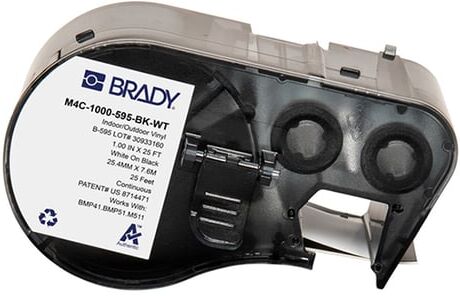 Brady M4C-1000-595-BK-WT etiquetas de vinil branco sobre preto 25,40 mm x 7,62 m