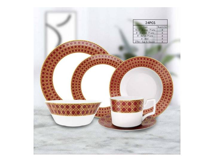 Quality Elegance Speiseteller Bone China Geschirrset Weinrot Goldrand, (24 St), Bone China Geschirrset, Geschirrset