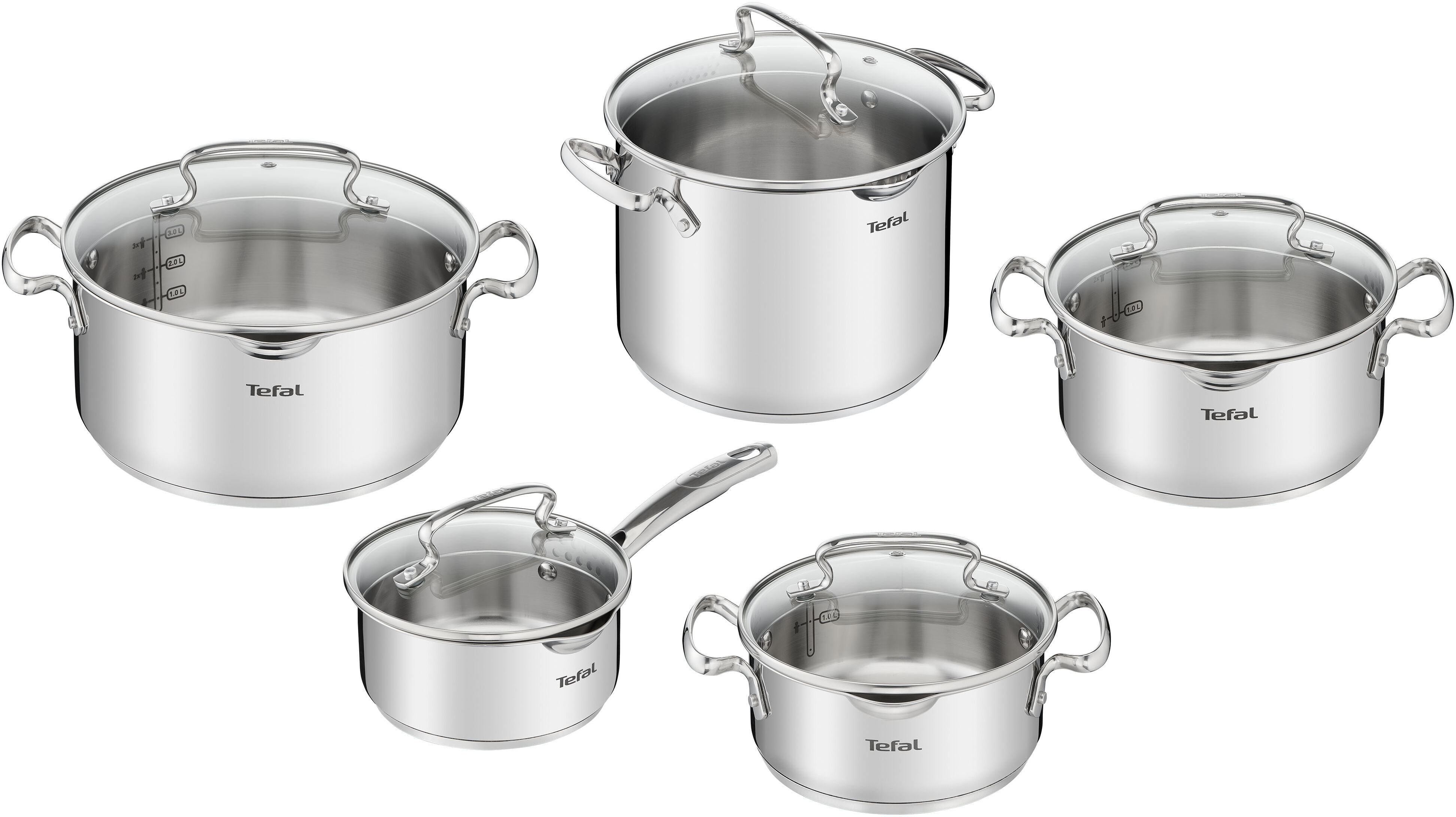 Topf-Set TEFAL "Duetto+, Kochtopf Set mit Glasdeckel", silber (edelstahl), Töpfe, Topf-Set, Abgießdeckel, integrierte Messskala, induktionsgeeignet, rostfrei