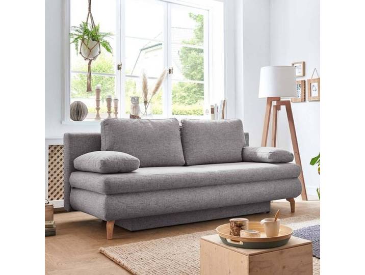 Schlafsofa Maranca Webstoff/Cord mit Bettkasten Kunstfaser 91x200x92cm Hellgrau skandinavisch