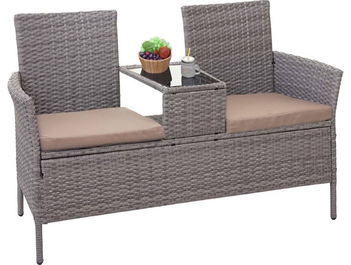 Poly-Rattan Sitzbank mit Tisch HWC-E24, Gartenbank Sitzgruppe Gartensofa, 132cm - grau, Kissen creme