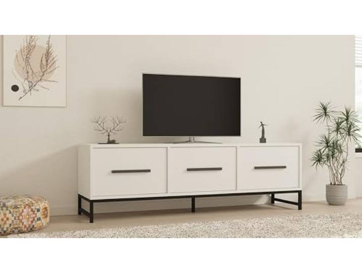 Hanah Home Modern White TV Stand, 160 cm, 100% Melamine Coated Particle Board, 18 mm Thick Wall-Mountable, Multiple Shelves, Stylish & Functional Design