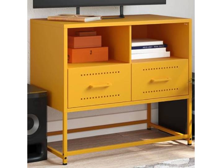 HEFZGDB TV-Schrank Senfgelb 68x39x60,5 cm Stahl Industrie-Stil mit 2 offenen Fächern und 2 Schubladen Stauraum Möbel Robustes Gestell langlebig Wohnzimmer Aufbewahrung Multimedia