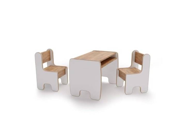 KOBI Timi Set Tisch und 2 Stühle für Kinder, Weiß und Eiche Craft Gold, mit Aufbewahrungsregal, skandinavisches Design, MDF und Melamin