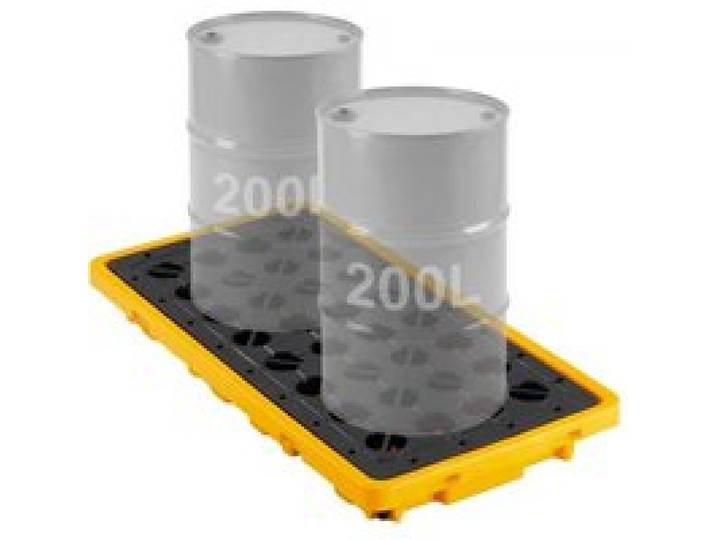 VEVOR Palette de Rétention pour 2 Fûts, Bac de Rétention avec Caillebotis et Drain, Plateforme de Déversement en PEHD à Profil Bas, Capacité 79,5 L, Charge Maximale 2000 kg, 1316x680x150 mm, Jaune