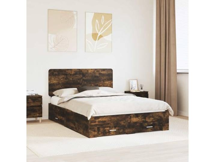 RJPLMFV Bettgestell, rauchfarbene Eiche, 140 x 190 cm, Holz Mit Aufbewahrungsschubladen, integriertem Kopfteil, Lattenrost inklusive, einfache Montage