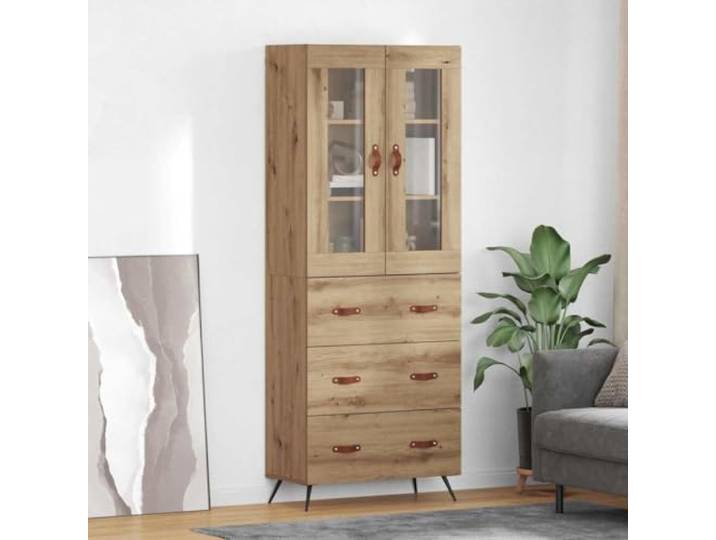 Graues Highboard aus Holzwerkstoff fürs Wohnzimmer mit eleganten Metallfüßen und praktischen Türen für viel Stauraum, gesichert mit Wandhalterungssicherung